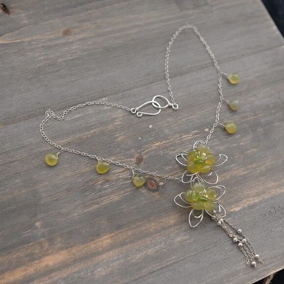 Hand Wrought Sterling Silver Flower Tassel Necklace Green Faceted Beads  Pearls - Picture 4 of 13